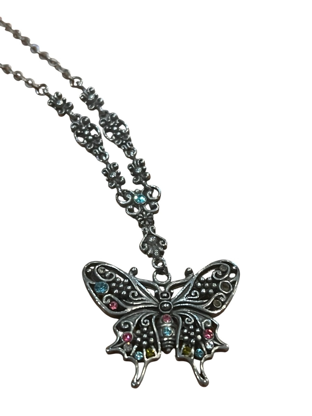 Butterfly Pendant Necklace with Multicolor Accents - Women Jewelry